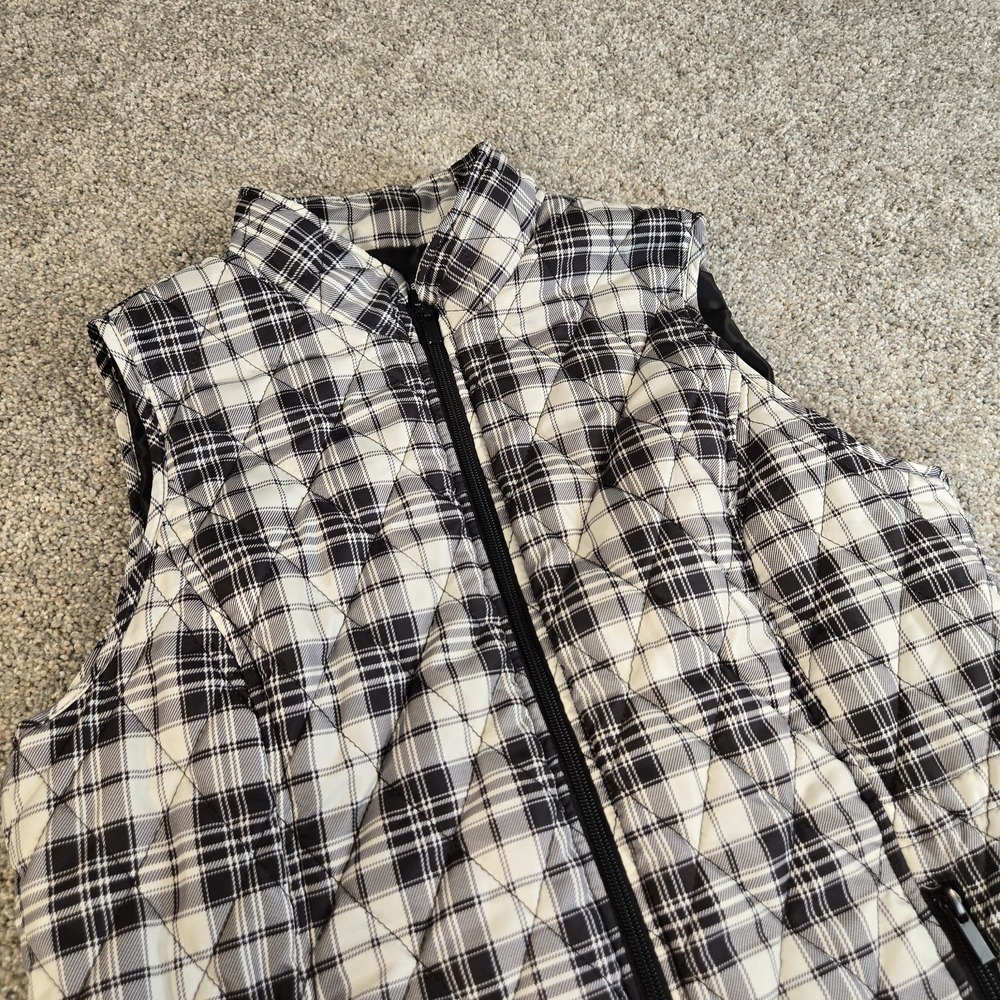 Relativity Puffer‎ Vest Womens M Black/ White Plaid Quilted Full Zip Sleeveless